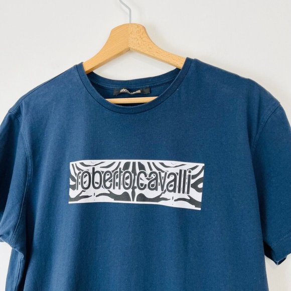 Roberto Cavalli Navy Blue Tiger Print Spell Out Logo Slim Fit T Shirt UK XXL - Picture 3 of 13